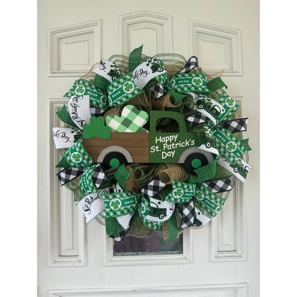 Saint Patrick’s Day Truck Farmhouse Mesh & Ribbon Wreath Door Hanger - Picture 1 of 7